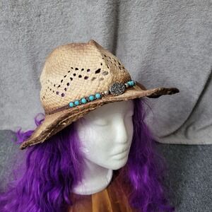 Straw‎ sunhat tan beading details southwestern boho bohemian indie festival